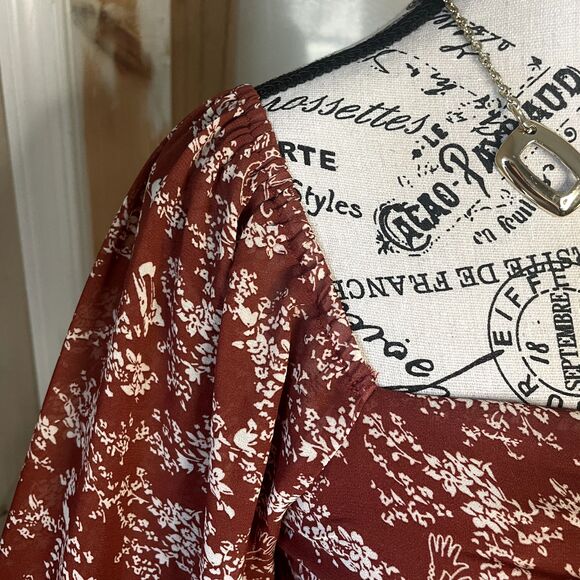 Ambition Women Autumn Floral Long Sleeve Rouched Midi Dress Semi Sheer Size S - Picture 8 of 12